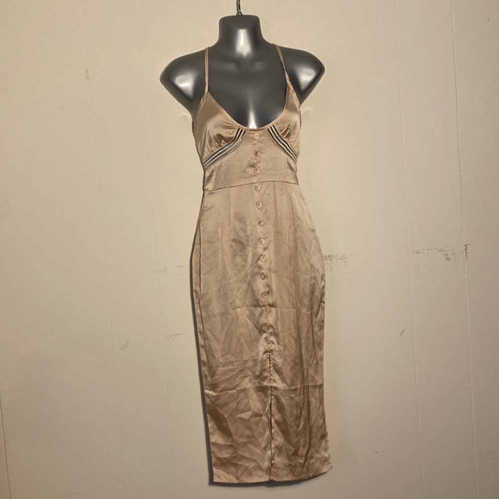 PrettyLittleThing Champagne Button Front Satin Strappy Midi Dress NWT - Picture 6 of 13
